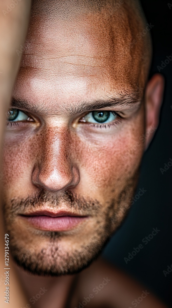 Fototapeta premium Close-up portrait of a bald, fair-skinned man with intense eyes. Moody lighting and a dramatic pose.