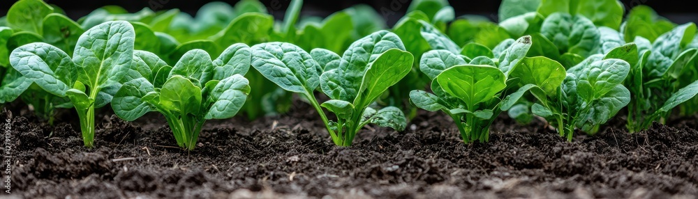 Fresh Spinach Seedlings Growing in Rich Soil Under Natural Light in a Garden Setting Fresh Spinach Seedlings Growing in Rich Soil Under Natural Light in a Garden Setting