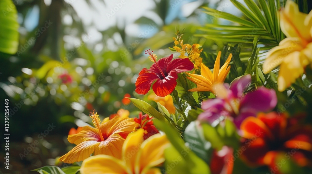 A close-up shot of a variety of colorful tropical flowers blooming in a lush jungle setting. A close-up shot of a variety of colorful tropical flowers blooming in a lush jungle setting.