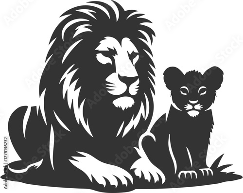 A lion cub sitting calmly next to its mother vector animal silhouette