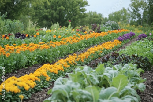 Colorful vegetable farm with rows of fresh produce under sunlight photo