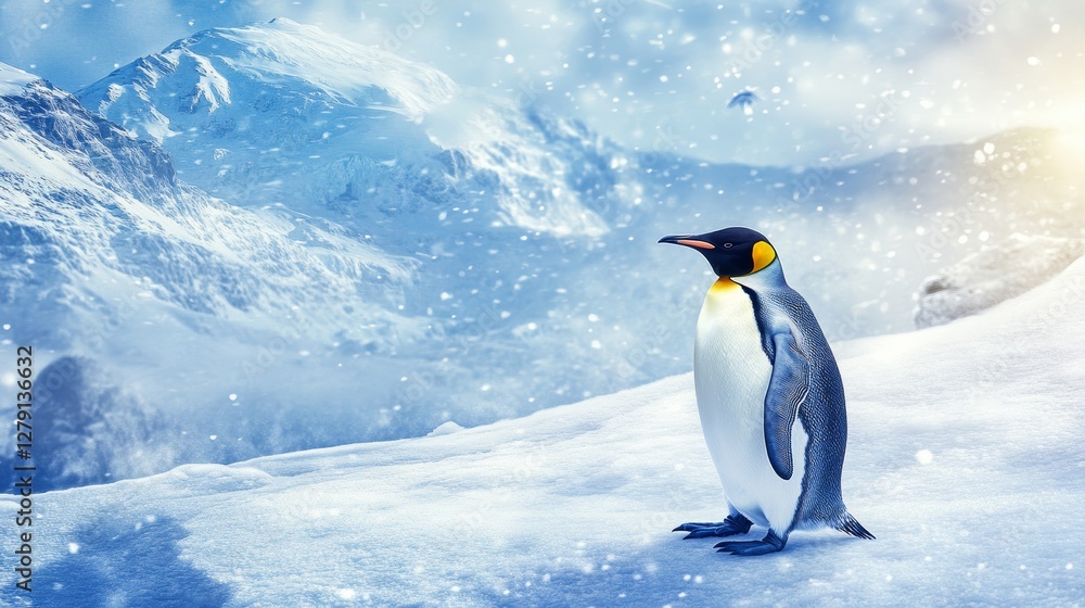 stock photo of a penguin walking with iced mountain background stock photo of a penguin walking with iced mountain background