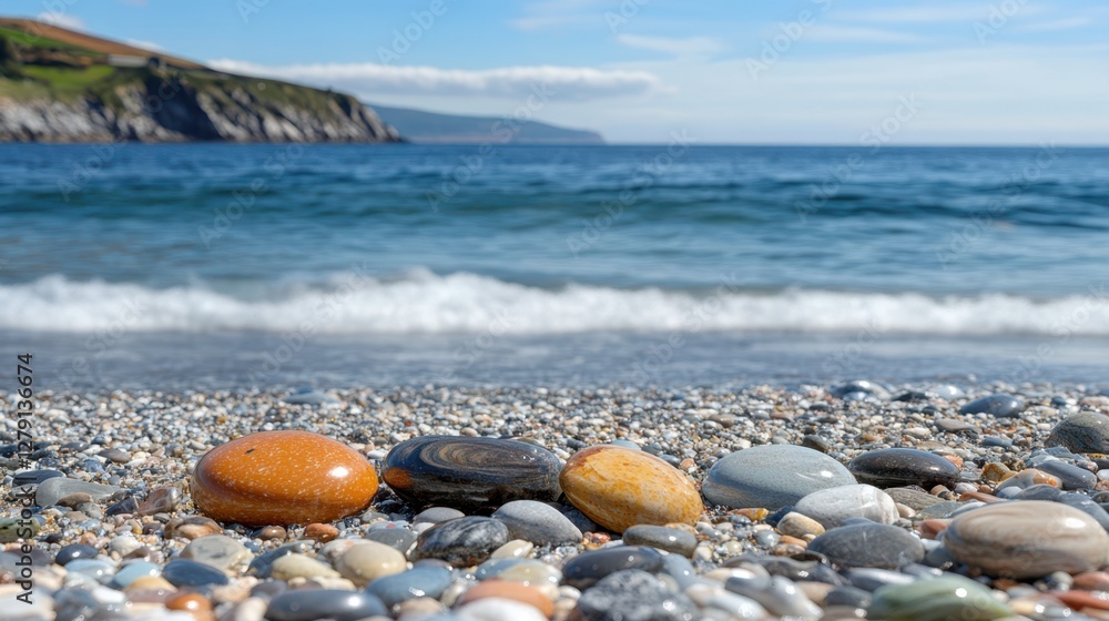 A serene beach scene featuring smooth pebbles and rugged rocks, with a stunning view of the expansive ocean under a clear blue sky. A serene beach scene featuring smooth pebbles and rugged rocks, with a stunning view of the expansive ocean under a clear blue sky.