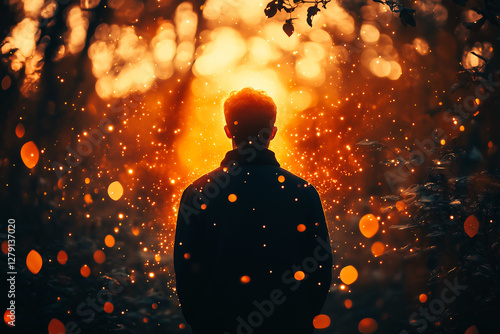 Silhouette of a man surrounded by gently glowing ambers of light