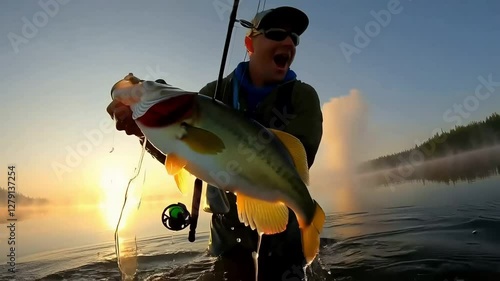 Adult White man catching largemouth bass at sunrise