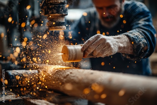 Close-up of metal sparks flying as a worker welds steel in a workshop photo