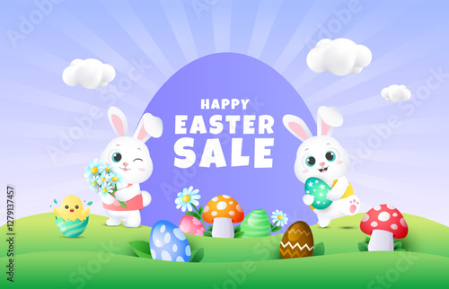 3d easter sale background with cute rabbits, chick, colorful eggs and flowers. Easter design template for banner, poster and greeting cards.