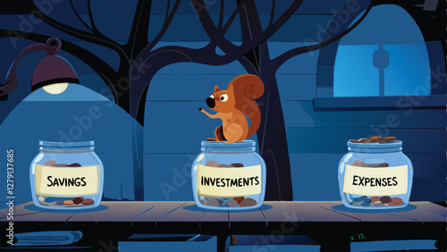 A cute squirrel meticulously placing acorns into a small glass jar labeled "Savings (1)", showcasing diligent preparation for winter.