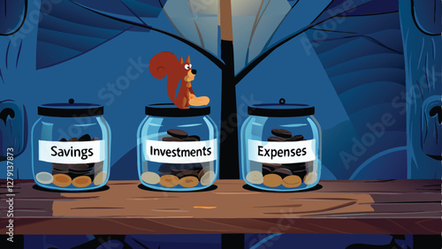 A cute squirrel meticulously arranging acorns into tiny glass jars labeled "Savings," showcasing its diligent preparation for winter.