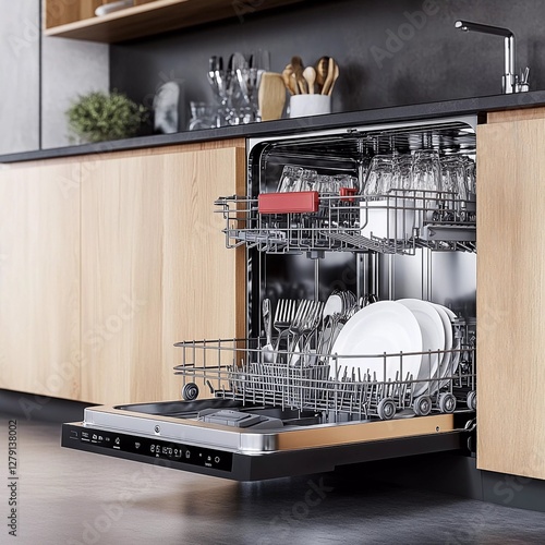 Modern kitchen featuring an open dishwasher with clean dishes inside, highlighting contemporary design and functionality
