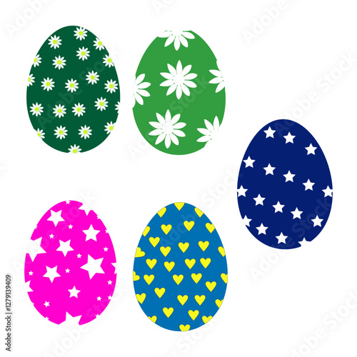 Set of five Easter eggs. Easter set of green, light green, pink, dark blue and rich blue colors
