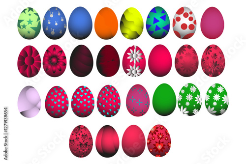 Large set of Easter eggs. Easter set of shades of crimson, dark crimson and other colorful colors