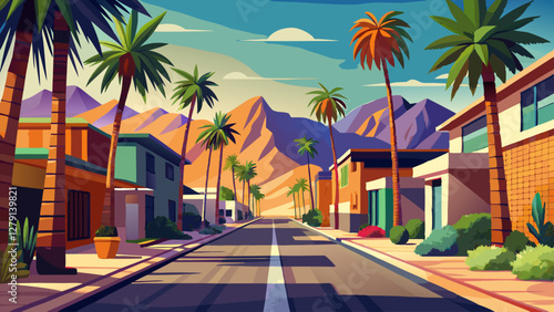 Street with palm trees and mountains of Tahquitz Canyon in the background in Palm Springs, California