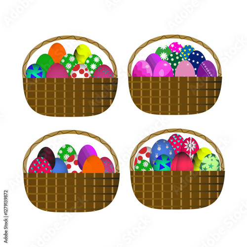 Set of Easter baskets with Easter eggs of different colors