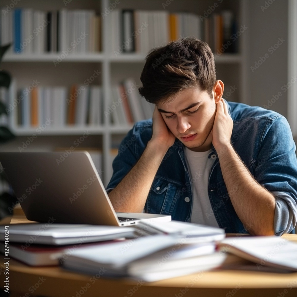 Student feels overwhelmed while studying at a cluttered desk in a modern room during the late afternoon Student feels overwhelmed while studying at a cluttered desk in a modern room during the late afternoon