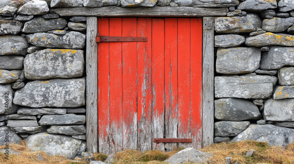 rustic red wooden door set against stone wall, showcasing weathered textures and natural elements rustic red wooden door set against stone wall, showcasing weathered textures and natural elements