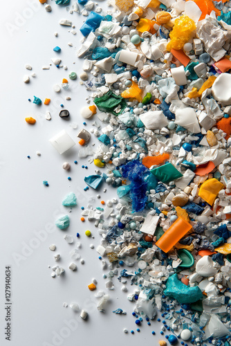 Microplastics nanoplastics pollution. Ocean impact. Environment health. Industrial plastic waste breaking down into microplastics. photo