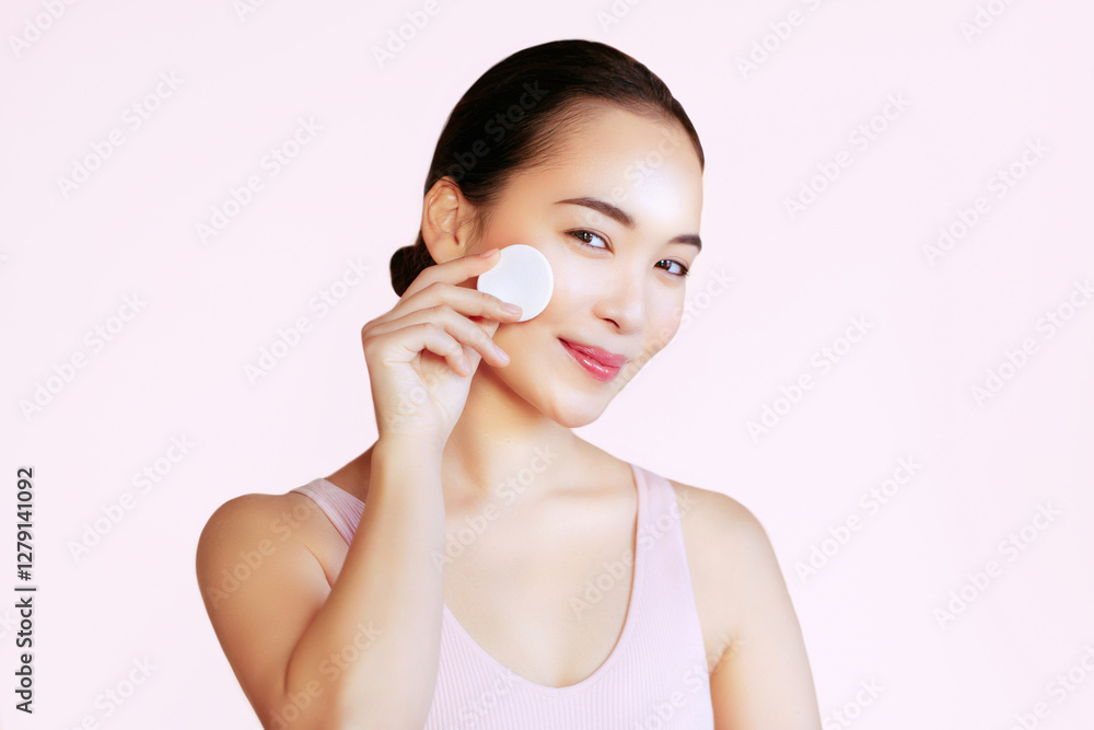 Skin cleansing. Beauty portrait of young Asian model posing with a white sponge. Korean skin care cosmetics
