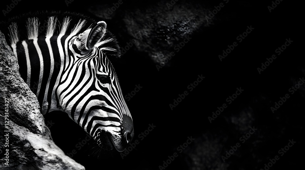 Black and White Zebra Portrait Against Dark Background Black and White Zebra Portrait Against Dark Background