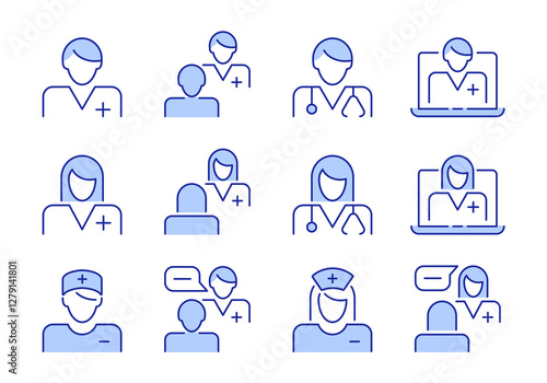 Doctor flat line icon set. Blue and White Vector illustration. Editable stroke
