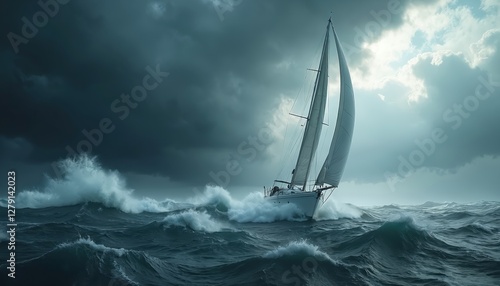 Sailboat in stormy sea. Sailing vessel struggles with waves. White yacht against dark dramatic storm clouds. Nautical adventure, power, danger, intensity of nature. Maritime transport under sail in