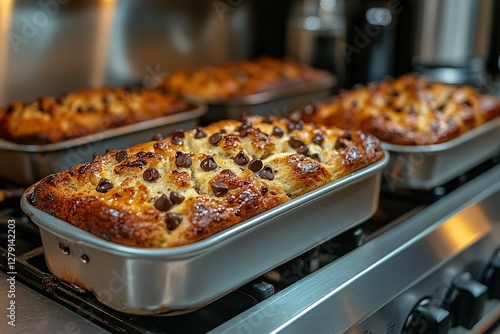 Golden brown bread loaves speckled with chocolate chips sit on a stovetop fresh out of the oven and ready to be enjoyed photo