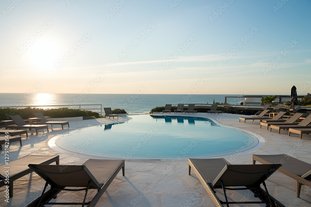 luxury swimming pool on sea view and chair in hotel resort with sunrise time luxury swimming pool on sea view and chair in hotel resort with sunrise time