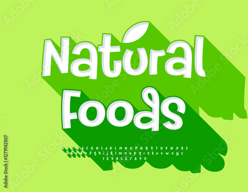 Vector Vegan emblem Natural Food. 3D Handwritten Font. Set of Exclusive Alphabet Letters and Numbers with Big Green Shadow.