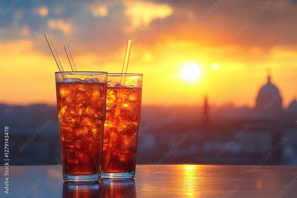 Refreshing drinks in glasses with ice cubes and straws reflecting the sunset capturing a relaxing and picturesque moment Refreshing drinks in glasses with ice cubes and straws reflecting the sunset capturing a relaxing and picturesque moment