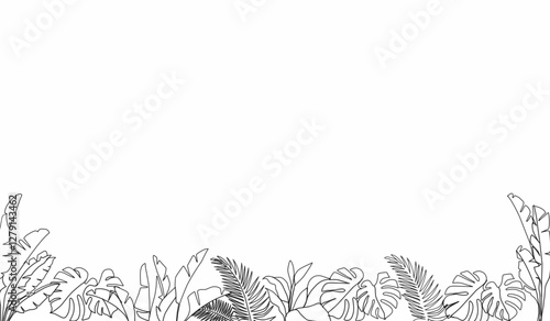 Tropical leaf line art wallpaper background vector. Design of natural Monstera leaves and banana leaves in a minimalist linear outline style. Design for print, cover, banner, decoration.