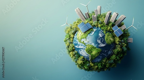Eco-Friendly City on a Green Planet, A miniature cityscape with skyscrapers and wind turbines on a lush green planet