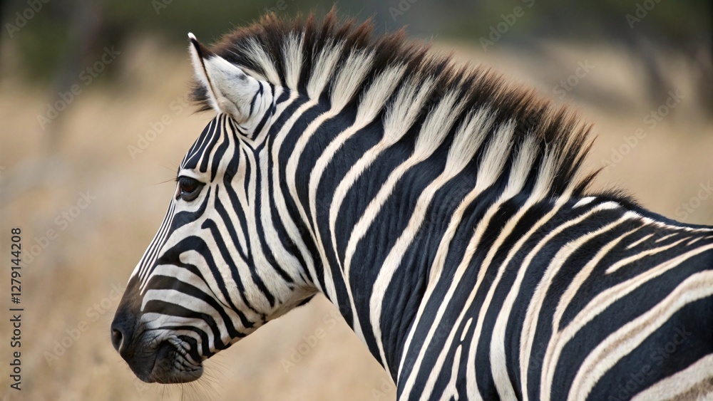 Side Profile of Zebra Showcasing Distinct Black and White Stripes in Natural Habitat Side Profile of Zebra Showcasing Distinct Black and White Stripes in Natural Habitat