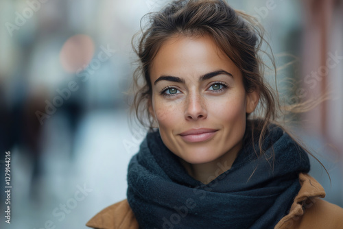 Portrait of a woman wearing a black scarf  with a gentle smile on her face