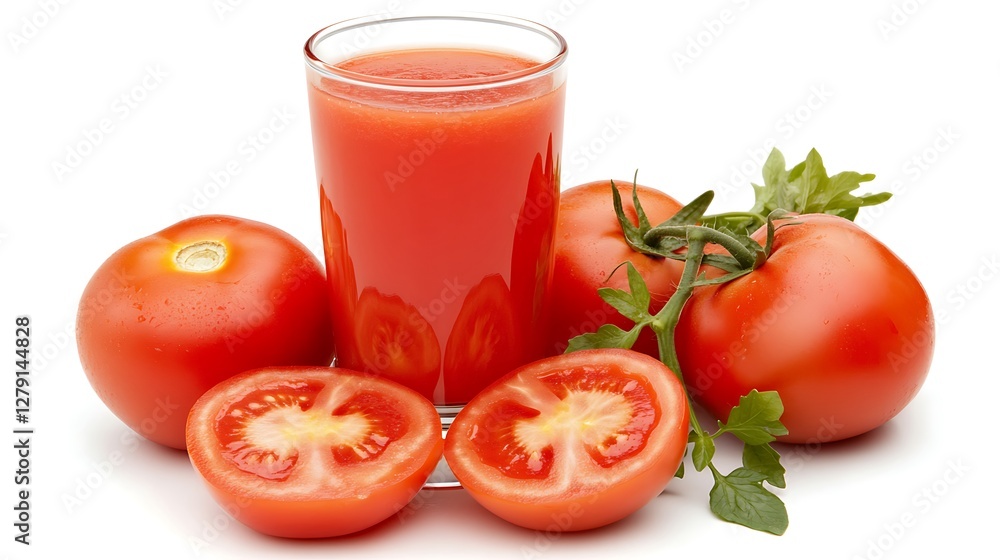 Fresh Tomato Juice with Whole and Sliced Tomatoes on White Background Fresh Tomato Juice with Whole and Sliced Tomatoes on White Background