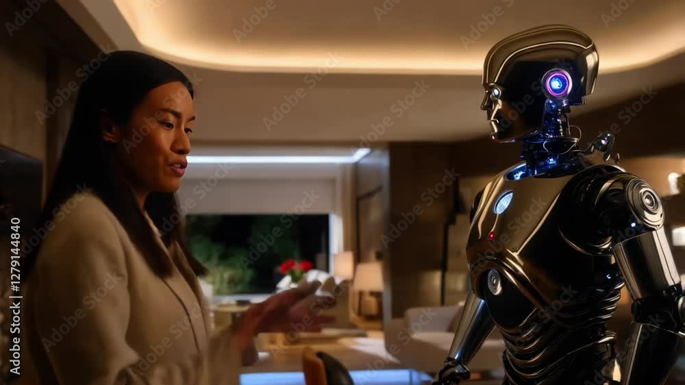 A human interacting with a humanoid AI robot in a futuristic home setting A human interacting with a humanoid AI robot in a futuristic home setting