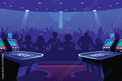 Create a vibrant vector illustration of a bustling casino floor, featuring glowing gaming tables, slot machines, and a sophisticated atmosphere.