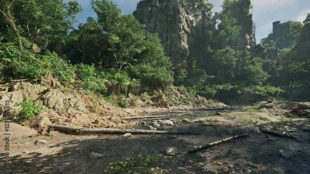 A river running through a lush green forest A river running through a lush green forest