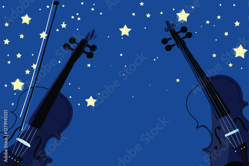 Create a vibrant vector illustration of a symphony orchestra featuring violins, illuminated by a golden, ethereal glow.  Emphasis on detail and dynamic composition.