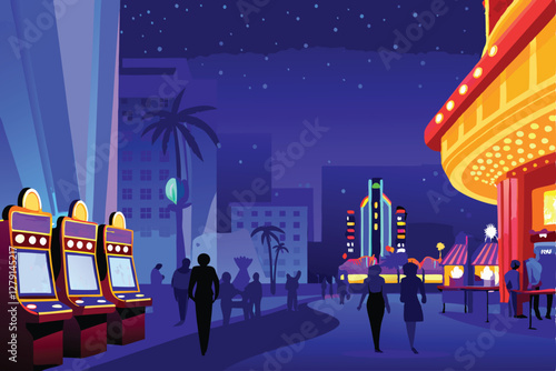 Generate a vibrant, photorealistic image of a Las Vegas-style casino street at night, showcasing bright neon signs, bustling crowds, and iconic architecture.