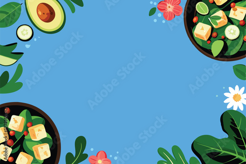 Create a vibrant vector banner showcasing delicious vegetarian food, featuring prominently ripe avocados and other fresh, healthy ingredients.  Design should be appealing and suitable for online use.