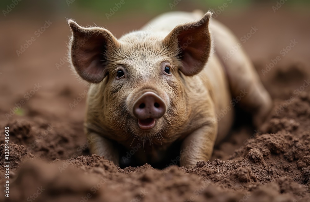 Close-up of happy beige pig, livestock animal rolling in mud. Cute piglet looks at camera, smiles. Farm animal wallows, enjoys dirty ground. Pig farming concept, livestock illustration, nature, farm, Close-up of happy beige pig, livestock animal rolling in mud. Cute piglet looks at camera, smiles. Farm animal wallows, enjoys dirty ground. Pig farming concept, livestock illustration, nature, farm,