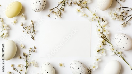 A minimalist Easter composition with speckled eggs, white flowers, and a blank card on a clean white background