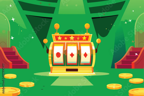 Design a vibrant casino background featuring oversized slot machine elements, gleaming lights, and luxurious textures.  Include rich colors and a sense of excitement.