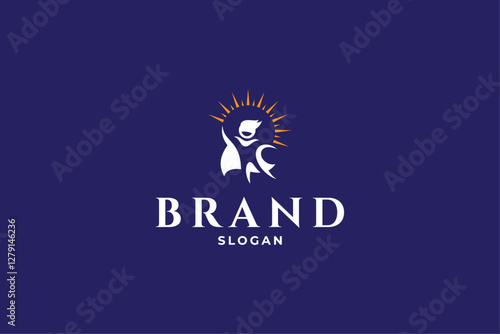 superhero kid logo with sun rays background in flat design style
