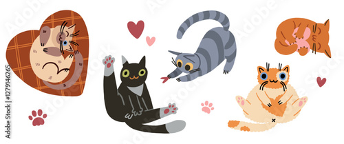 Cute funny cats sit, lie, play in different poses. Charming feline animals, clumsy funny kittens of different breeds. With a heart for Valentine's Day.