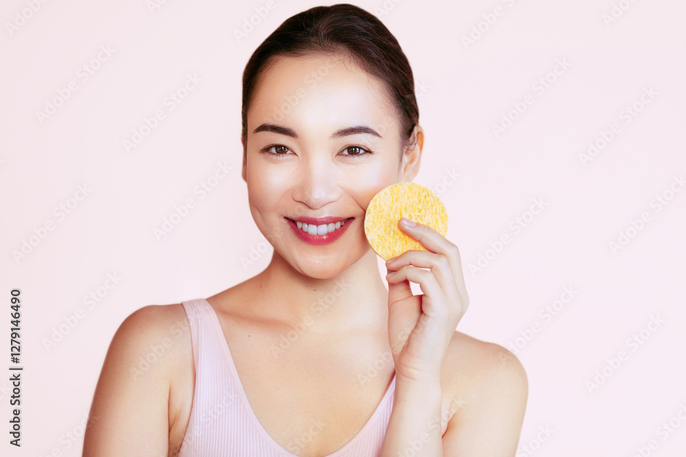 Personal hygiene. Face wash. Asian woman with glowing skin smiling gently while holding a yellow facial sponge near her cheek. She wears soft pink makeup and a pastel top against a light background. Personal hygiene. Face wash. Asian woman with glowing skin smiling gently while holding a yellow facial sponge near her cheek. She wears soft pink makeup and a pastel top against a light background.