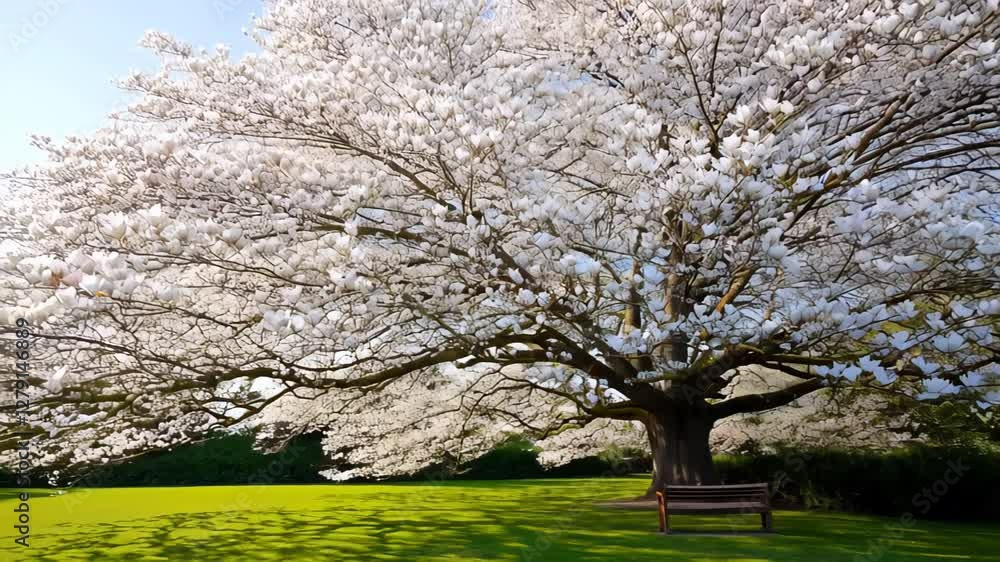 Large tree covered in delicate white blossoms standing in a tranquil park. Concept of spring elegance and serenity
Large tree covered in delicate white blossoms standing in a tranquil park. Concept of spring elegance and serenity