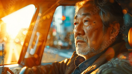 An elderly man gazes thoughtfully out of a car window during sunset. photo