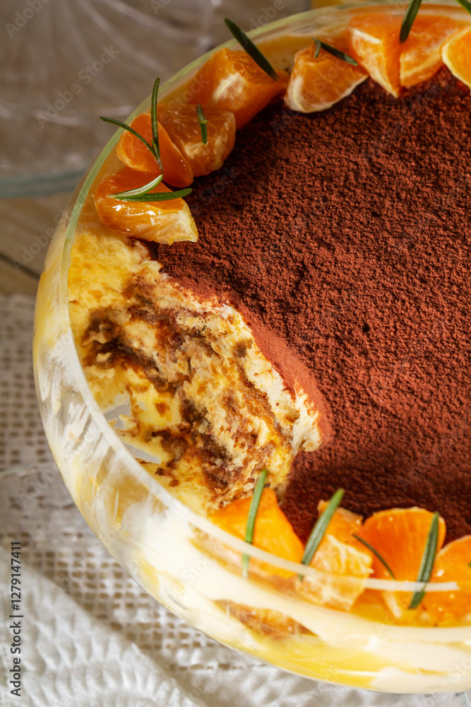 Tiramisu dessert with mascarpone cream and lemon-mandarin curd.