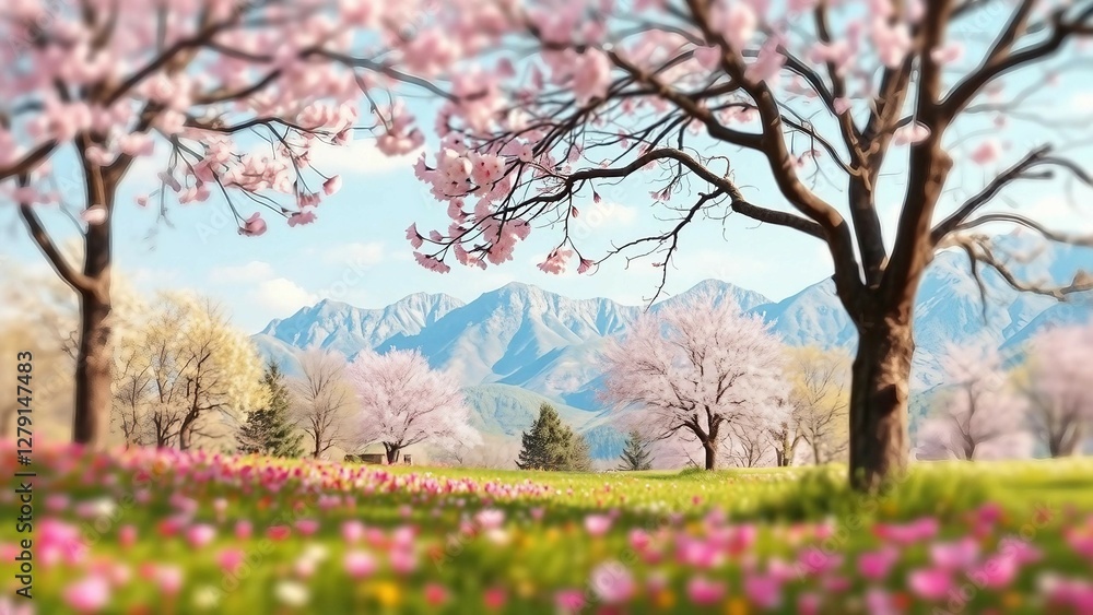 A watercolor spring landscape painting featuring trees blooming flowers a meadow and mountains A watercolor spring landscape painting featuring trees blooming flowers a meadow and mountains